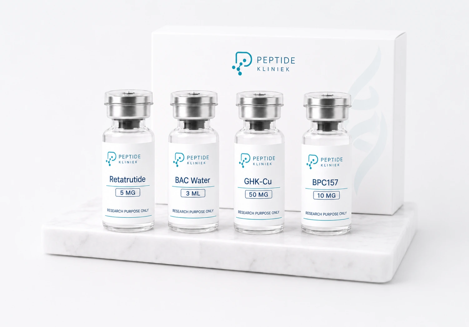 Peptide Kliniek productverpakking met Retatrutide en BAC Water vials