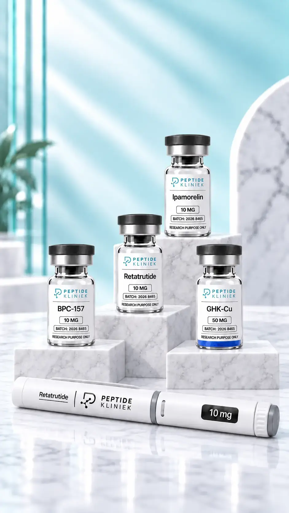 Peptide Kliniek assortiment met peptides en Retatrutide research pen